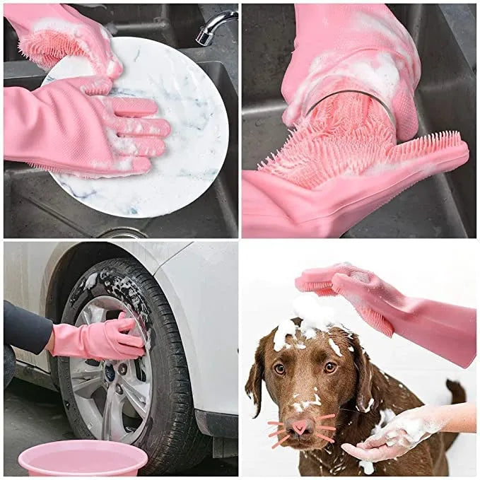 Silicone Dishwashing & Cleaning Pair Gloves – Reusable Heat Resistant Scrubber Gloves for Kitchen, Bathroom & Household Cleaning | Random Color