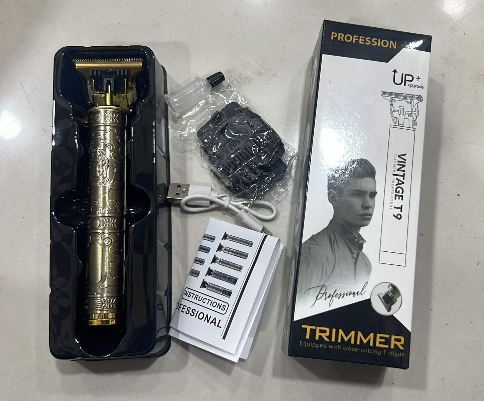 Vintage T9 Metal Body Hair Trimmer for Men – USB Rechargeable Professional Hair Clipper | Precision Beard, Hair & Detailing Grooming Tool